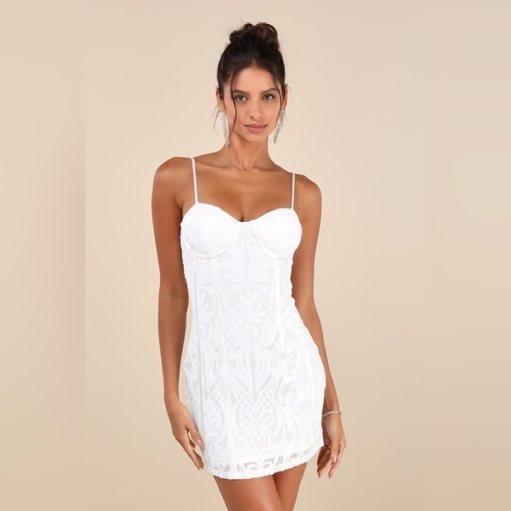 LULU’S AGLOW WITH LOVE MESH SEQUIN BUSTIER BODYCON MINI DRESS